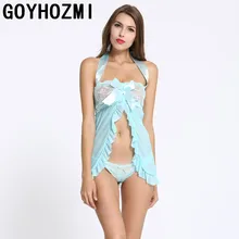 Сексуальное голубое нижнее белье с бретельками и бантиком, новейшее платье с открытой спиной и кружевом+ стринги, эротичный костюм, ночное белье, нижнее белье, эротическое нижнее белье, комбинация