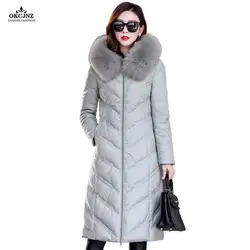 Новинка 2017 года горячая зима пальто Для женщин куртка из искусственной кожи лиса меховой воротник с капюшоном длинный пуховик верхняя