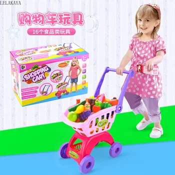 

Pretend Play Kids Role Play Furniture Toys Set Shopping Cart Plastic Baby Lovely Toddler Cart Accessories Fruits Food Gift Doll