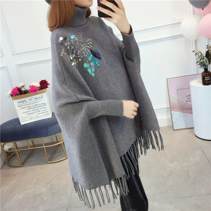 Женский пуловер, Модный осенне-зимний теплый женский свитер с высоким воротом, длинный рукав, аппликация свитер с пайетками