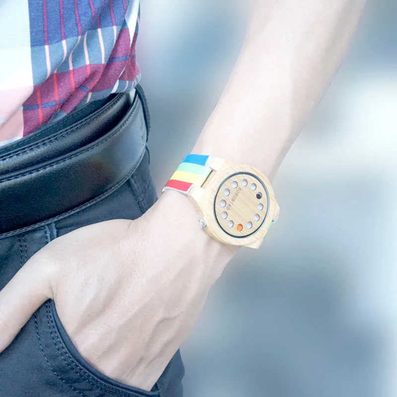 BOBO BIRD 12 Holes Design Mens Bamboo Wooden Quartz Wrist Watches with Colorful Band relogio masculino With Box Custom logo BOBO BIRD 12 Holes Design Mens Bamboo Wooden Quartz Wrist Watches with Colorful Band relogio masculino With Box Custom logo
