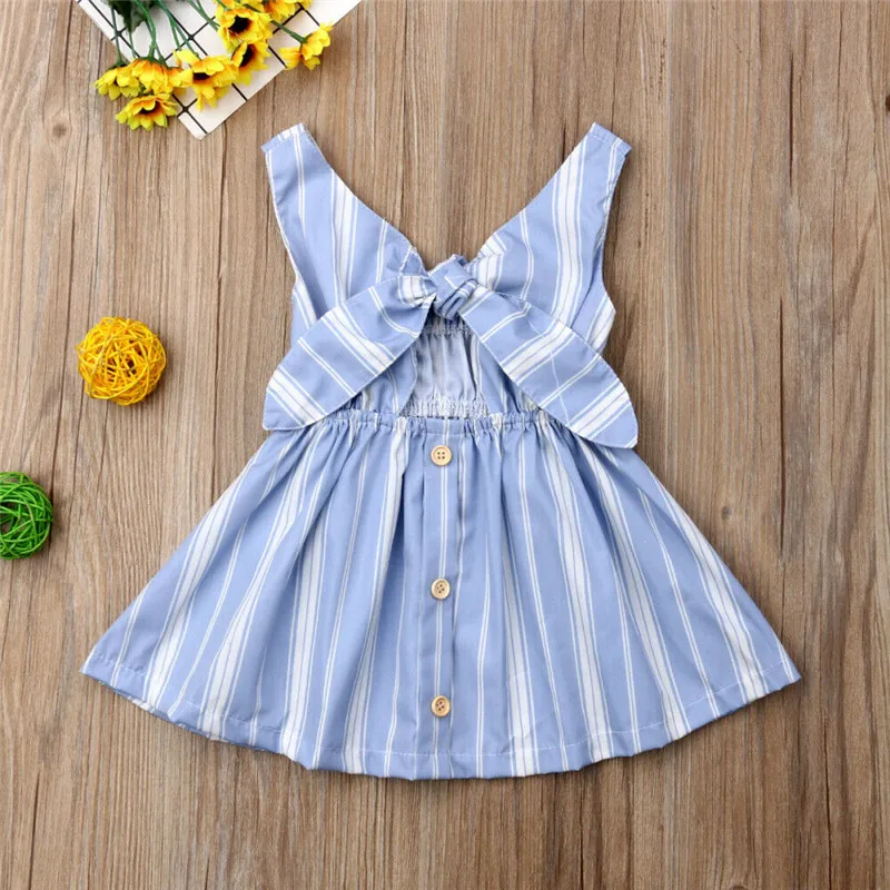 الاطفال الطفل بنات مخطط اللباس 6M-4Y الصيف الشاطئ نمط أكمام القوس عقدة الجوف خارج فستان الشمس فتاة Strappy و زر القطن اللباس