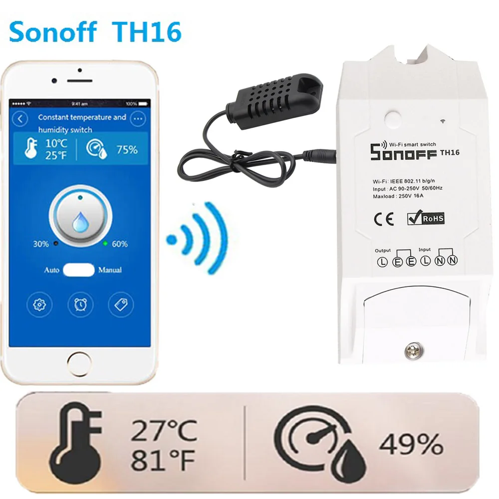 Sonoff TH16/16A3500W Температура и мониторинга влажности Wi Fi Smart Switch контроллер Сенсор с