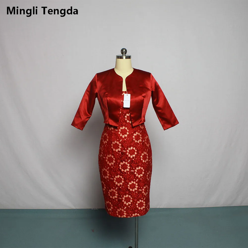 

Mingli Tengda Two Pieces Red Wine Mother of the Bride Dresses with 3/4 Sleeve Jacket Elegant Woman Party Dress 2018 Custom Made