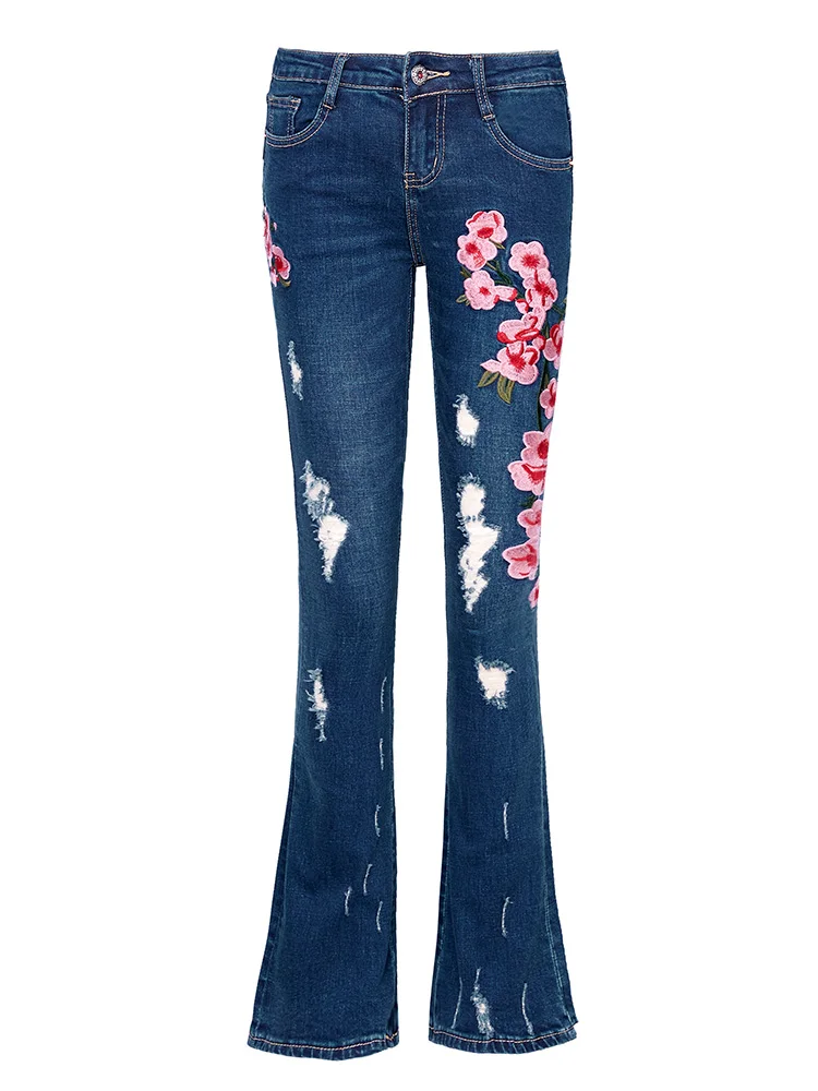 

ACRMRAC Women jeans autumn Slim embroidery Hole Flare Pants jeans Women