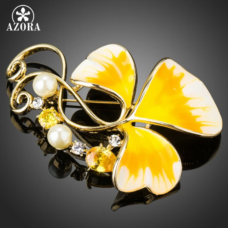 

AZORA Oil Painting Pattern Leaf Brooches for Women Yellow Zirconia Flower Plant Brooch Pin Simulated Pearl Female Jewelry TP0065