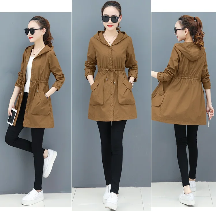 Spring Autumn Trench Coat Women Full Sleeve Thin Overcoat Medium Long Windbreaker Female New Temperament Hooded Clothing