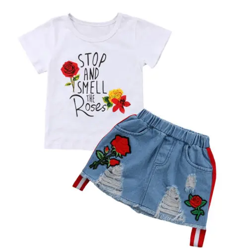

Toddler Kids Baby Girl Short Sleeve Flower Tops+Denim Skirt Outfits Children's Clothing Clothes Set Summer 2019
