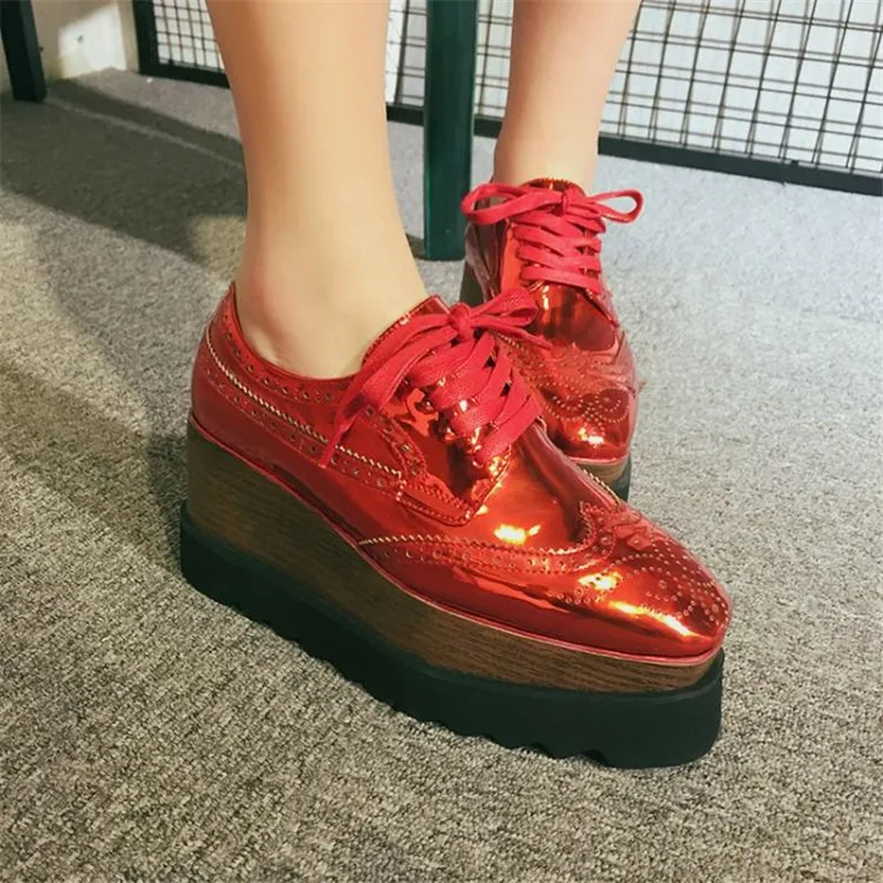Mirror Patent Leather Womes Pumps Square Toe Lady Platform High Heels Brogues Shoes College Casual Wedegs Oxford Shoes For Woman (8)