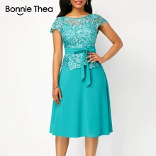 Bonnie Thea женское летнее кружевное шифоновое синее платье, женское сексуальное офисное элегантное платье, модные вечерние длинные платья