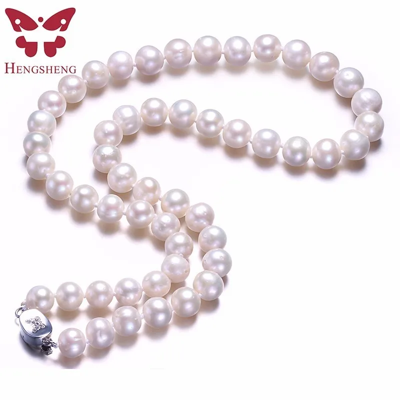 White Real Natural Near Round Pearl Jewelry Women Necklace,925 Sterling Silver Butterfly Buckle,8-9mm 45cm Fine Beads Jewelry