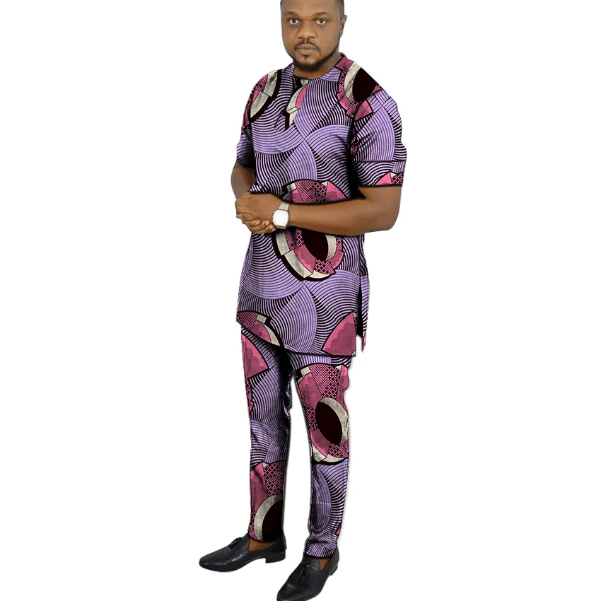 Африканский принт рубашки для мальчиков + брюки для мужчин комплект костюмы короткий рукав топ с брюки 2 шт. наряды человек Свадебная