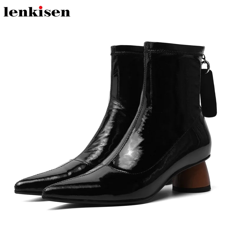 

Lenkisen stretch high street fashion med heels pointed toe vintage gentlewomen crystal-studded European style ankle boots L69