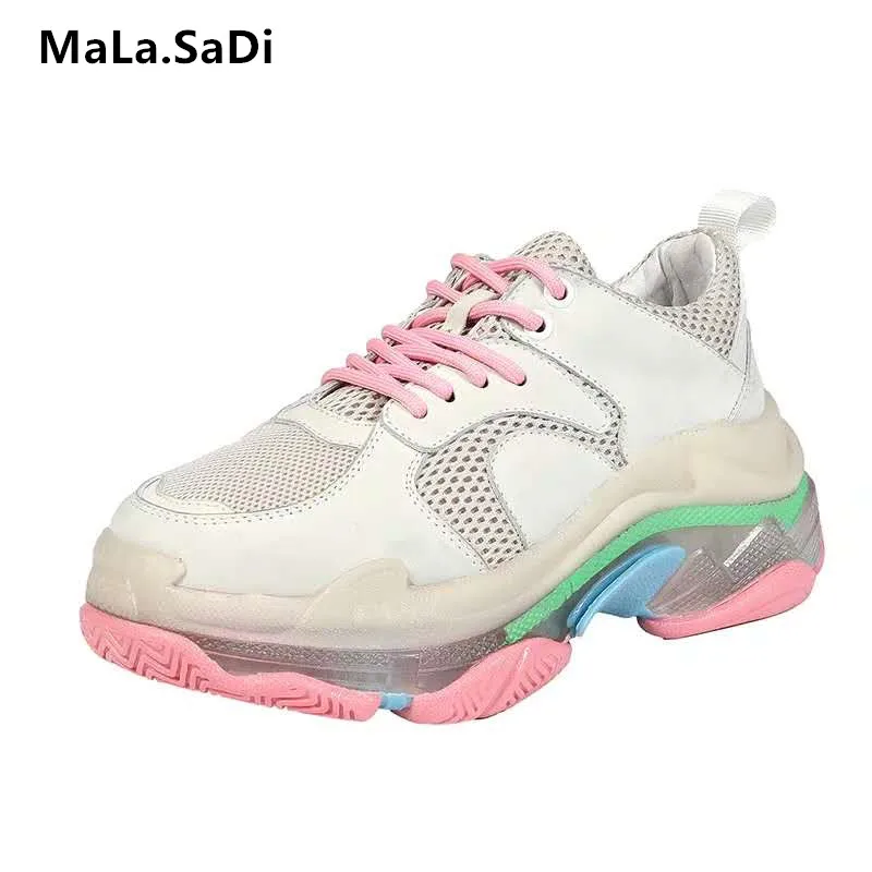 

Hot Sale New Fashion Mesh Sneakers Women Flats Platform Lace-up Transparent Combination Sloe Breathable Leisure Dady Shoes