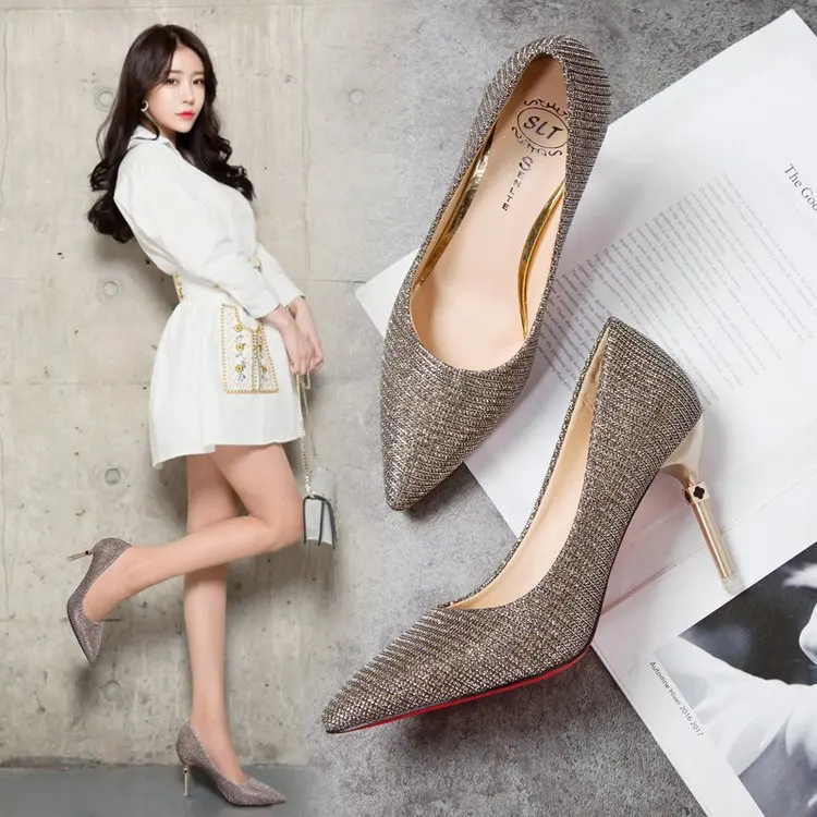 

Korean Style Sexy Super High Thin Pumps Women Bling Pointed Toe Wedding Party Ladies Shoes Shallow Basic Slip-On Shoes