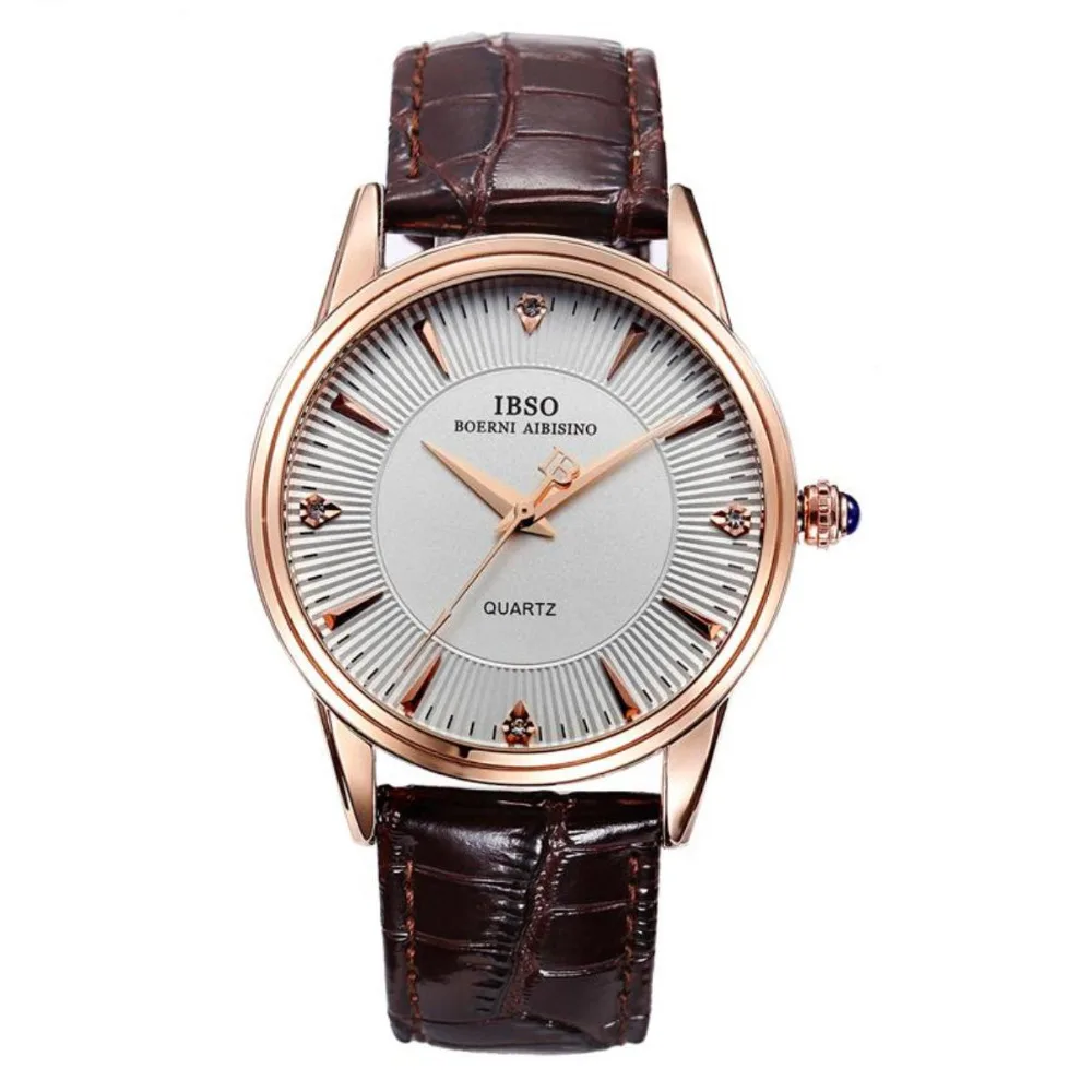 

IBSO BOERNI AIBISINO/Business Couple Watches Ultra Thin Rose Gold Tone Case Quartz Watch Leather Strap 3830G