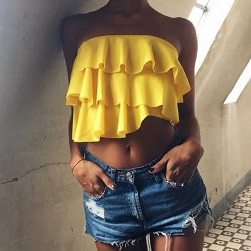 

Sexy Women Tank Top Casual Short Vest Ruffles Strapless Bandeau Crop Tops Shirt 2019 Plain Backless Tops Lot