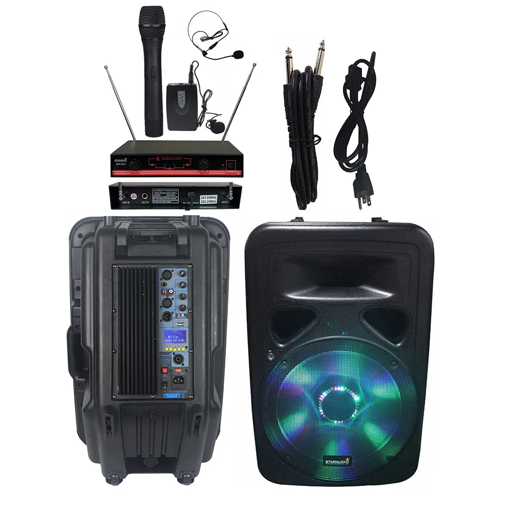 

STARAUDIO 15" Active 3500W DJ Powered PA Audio Speaker DJ Karaoke Speaker 2CH VHF Wireless Handheld Headset Microphone SML-15RGB