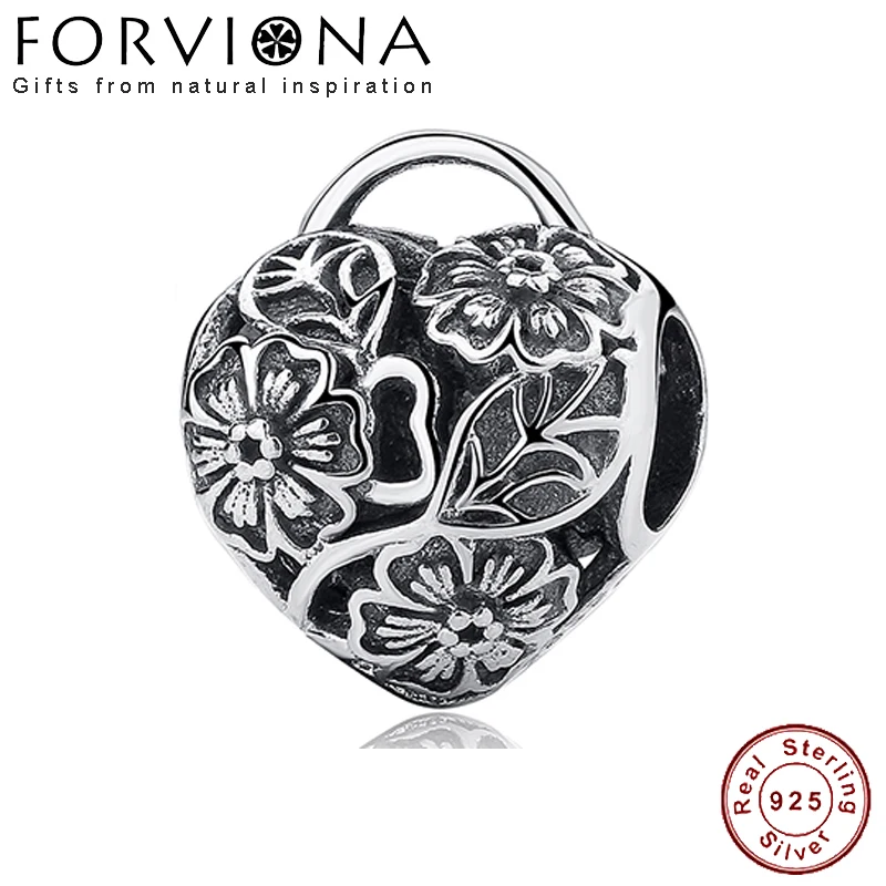

100% 925 Sterling Silver Locked Flower Hearts Charm Beads Fit Original Pandora Charms Bracelet Pendant DIY Jewelry Making Gift
