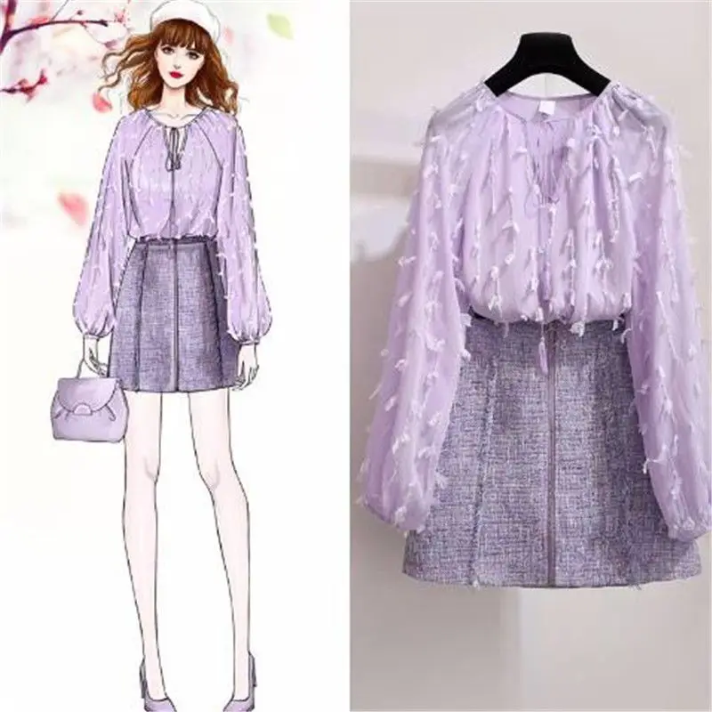 

2019 New Summer Women Sets Female Tassel Chiffon Blouses + Short A Line Skirts Two Piece Set Girl Students Sweet Slim Suits F05