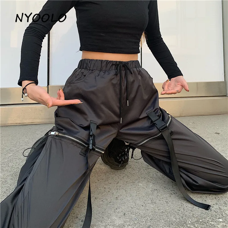 NYOOLO Летние черные лоскутные брюки с высокой талией, повседневные длинные брюки-карго с эластичной резинкой на талии на молнии для женщин и мужчин, уличная одежда для бега