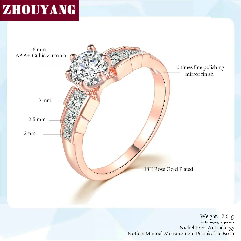 Женское Обручальное Кольцо ZHOUYANG розовое золото с 6 когтями и кубическим