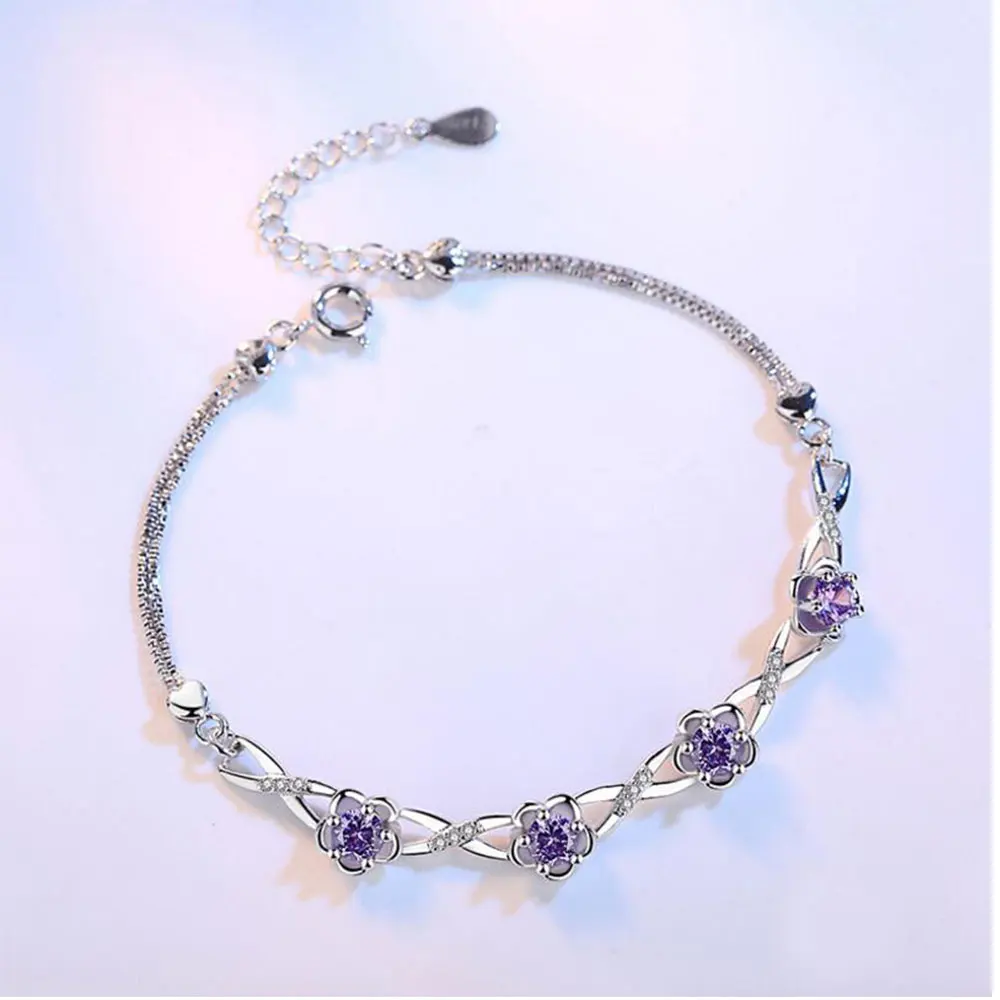 Anenjery, Роскошные браслеты из серебра 925 пробы, фиолетовые, белые, циркон, цветок сливы, браслеты и браслеты для женщин, pulseira S-B51