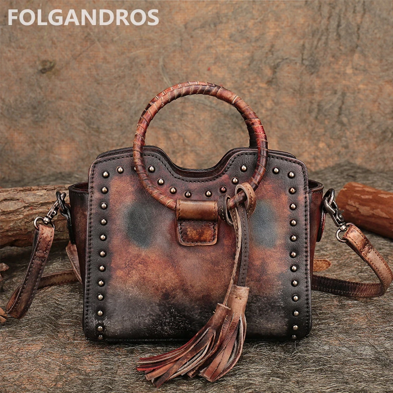 New Rivet Genuine Leather Mini Handbag Women Top Quality Cowhide Handmade Shoulder Messenger Bag Vintage Tassel Top Handle Bags New Rivet Genuine Leather Mini Handbag Women Top Quality Cowhide Handmade Shoulder Messenger Bag Vintage Tassel Top Handle Bags