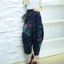 Женские хлопковые льняные широкие брюки в национальном стиле, шаровары с эластичной резинкой на талии, брюки-клеш