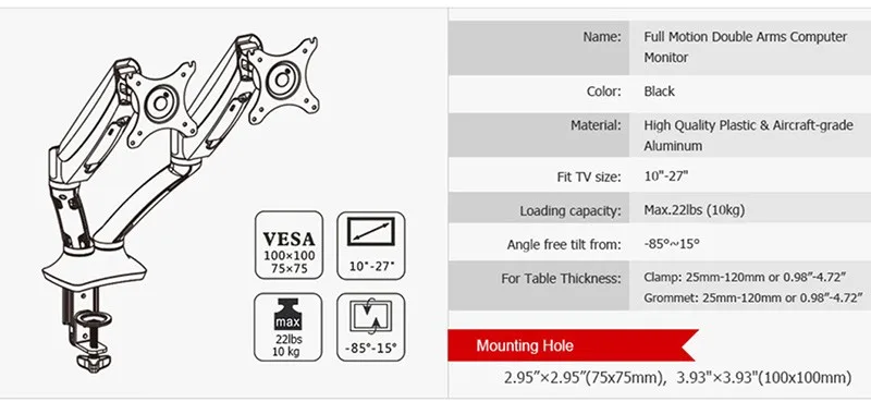 Полный движения двойной дисплей компьютера газовая пружина Крепление Вращающийся Кронштейн ЖК-монитор держатель кронштейн для 1"-27" Максимальная поддержка 9 кг