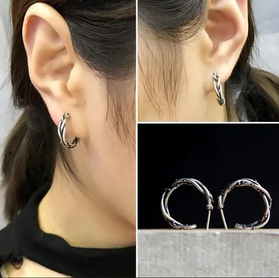 

Personality 100% Real Antique 925 Sterling Silver Hoop Earrings Piercing Thorns Earring For Men Women Simple Jewelry