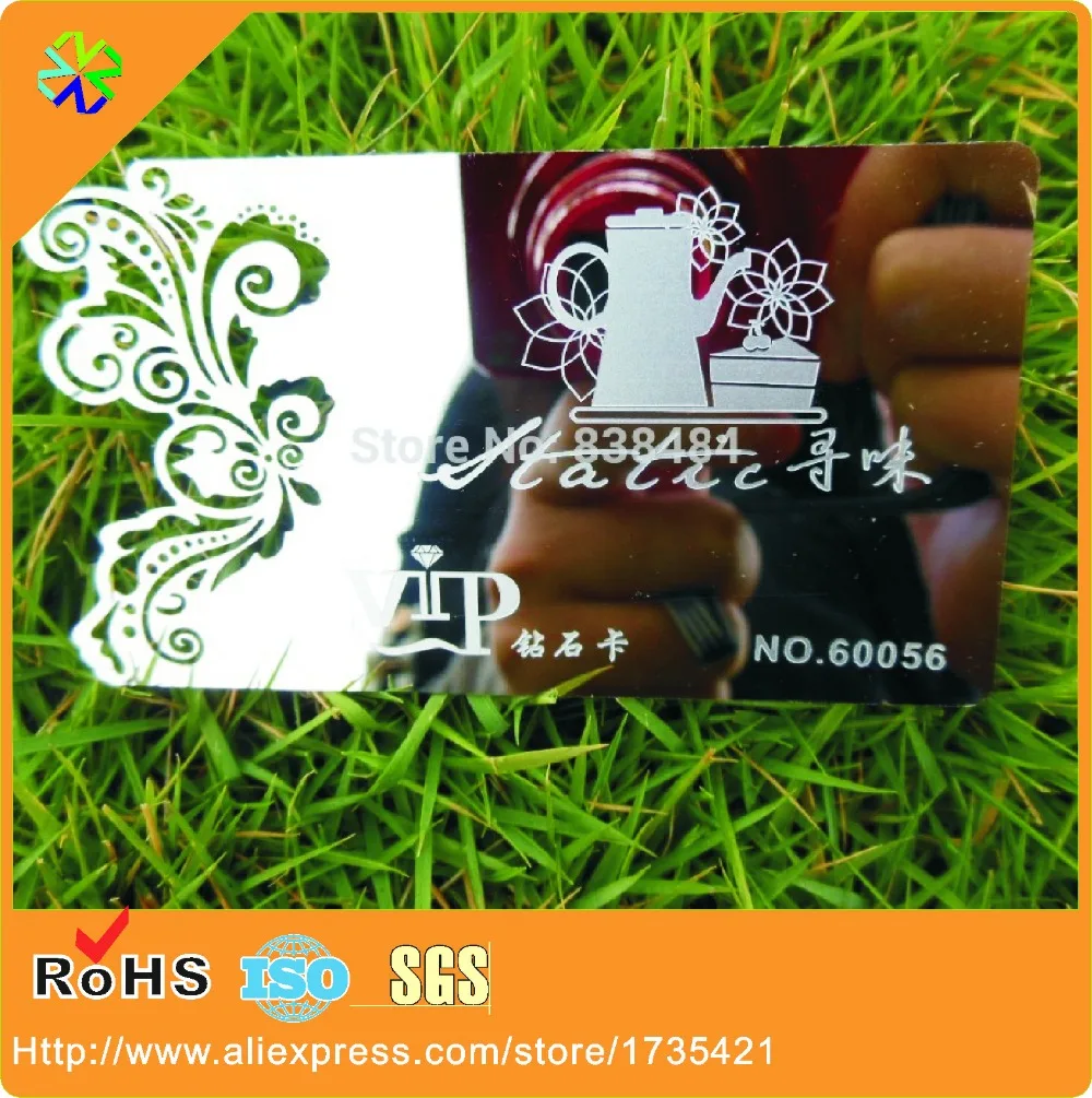 Заказ высокого качества выгравированы Высший сорт зеркальные линзы металлические карты Нержавеющая сталь визитных карточек высечки