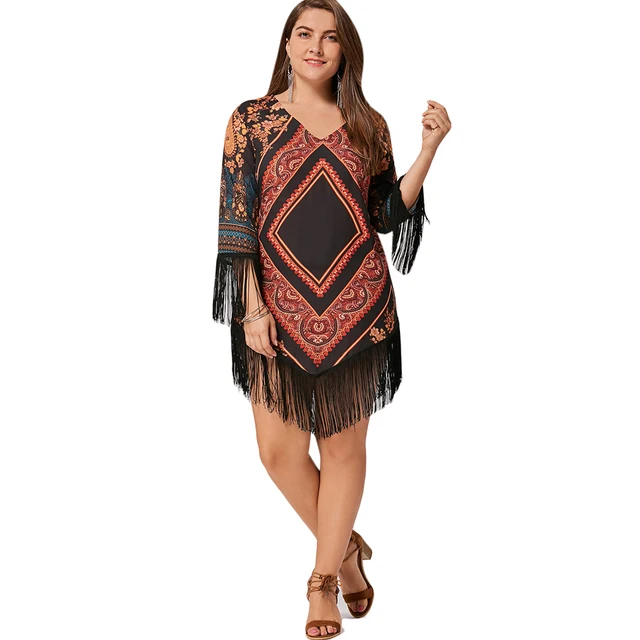 Tribal Printed Chiffon Tassel Dress Women Fashion Geometric Argyle Print V Neck Dress