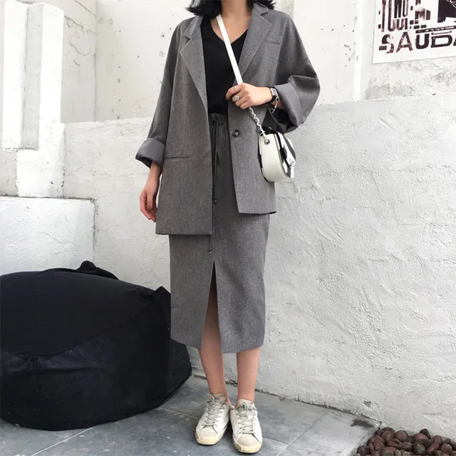 Suit female 2019 autumn new temperament casual loose long suit jacket trousers solid color elegant fashion two-piece set