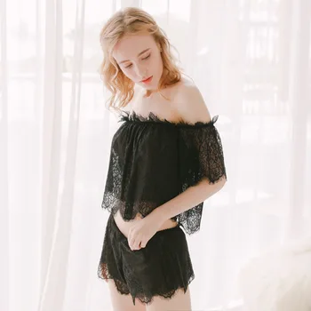 

Sexy Eyelashes Lace One Shoulder Women Pajama Set Hollow Temptation Pajamas Taste Underwear