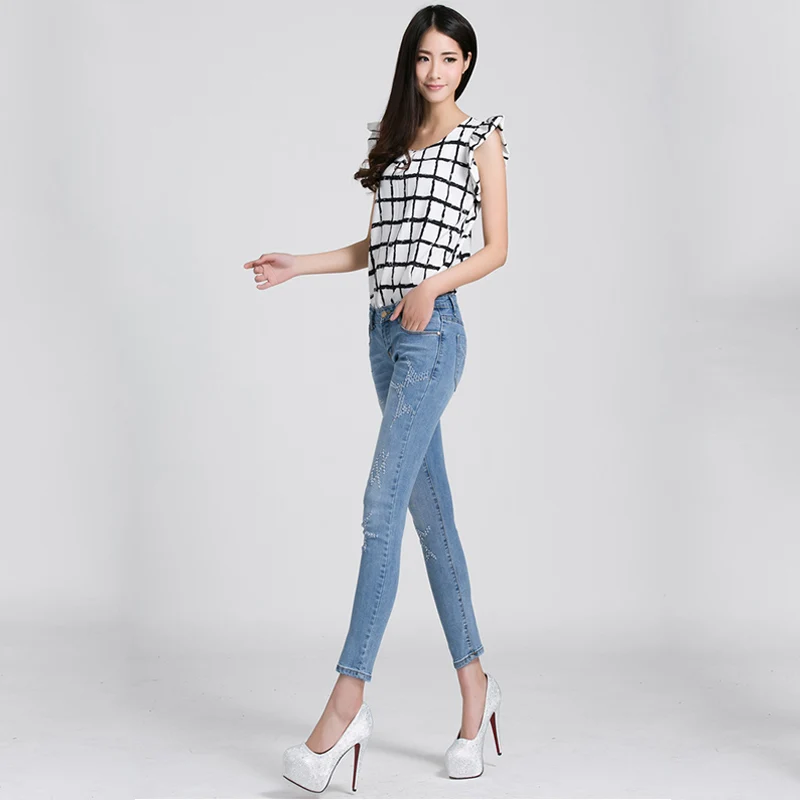2016 New women jeans Beading worn female feet nine points Slim spring and summer wear pencil