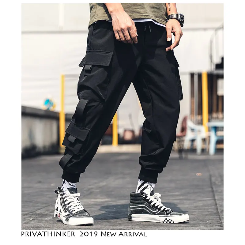 

Privathinker Men Belt Ankel Length Joggers Pants 2019 Overalls Men Japanese Streetwear Baggy Sweatpants Pockets Black Sweatpants