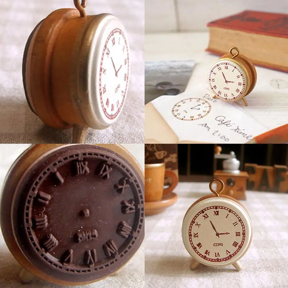 Cute Wooden Rubber Stamp Seal Classic Alarm Clock For Diary Scrapbook Decor FO