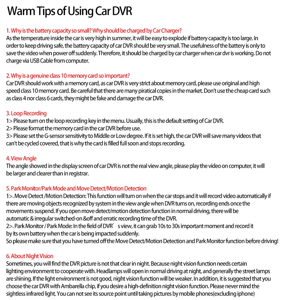 Car DVR Warm Tips
