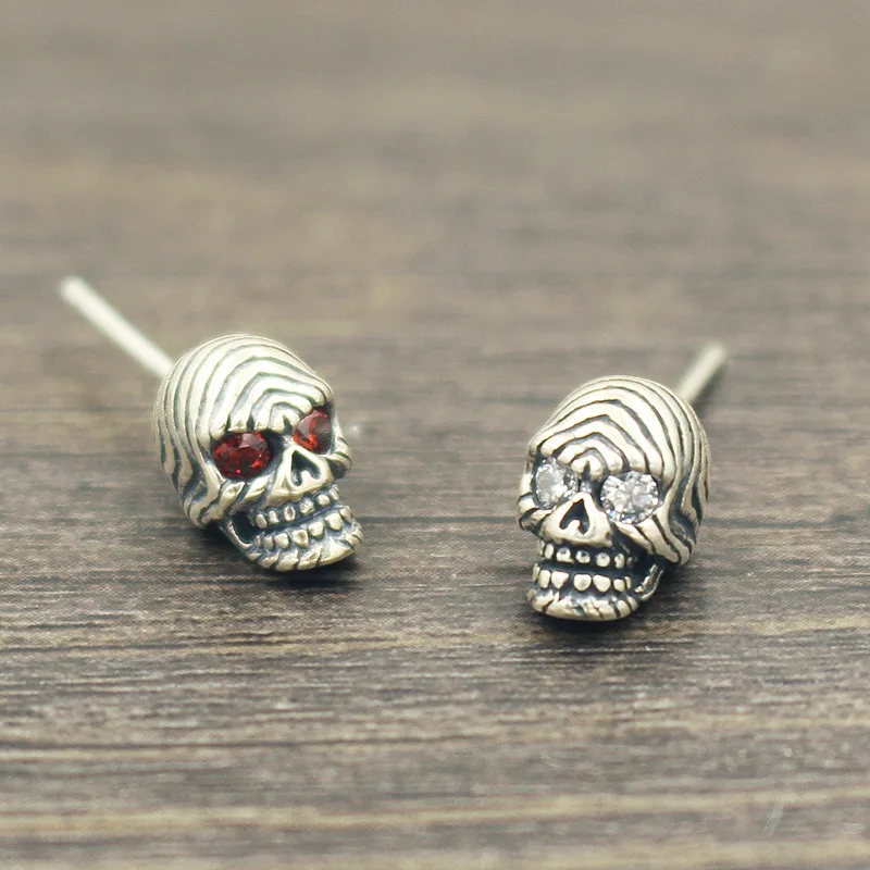Настоящее 925 пробы, серебряные готические серьги с черепом для мужчин, панк-рок ювелирные изделия, красные глаза, инкрустация цирконом, мужские аксессуары