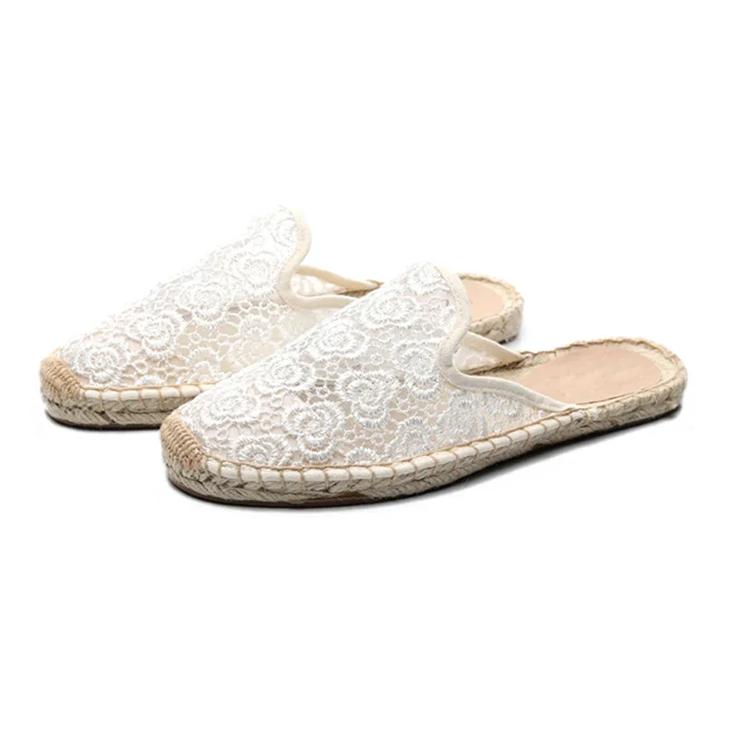 Women Half Slippers Espadrilles Lace Cut-outs Black Women's Sandals Wear Simple Slides Casual Ladies Mules Flat Fisherman Shoes  (13)