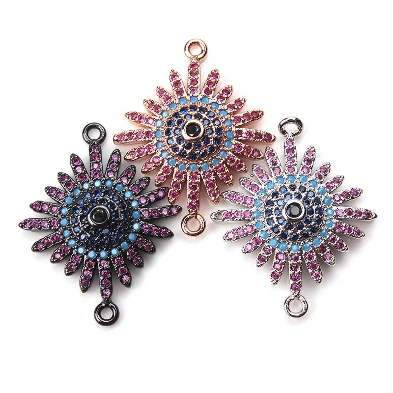 

1pc 20*25mm Micro Pave Crystal Sun Flower Bracelet Connector Silver Black Copper Necklaces Pendants Jewelry Findings Making