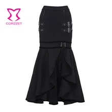Corzzet винтажная черная хлопковая юбка с поясом и пряжкой на шнуровке, Длинная тонкая юбка в стиле стимпанк с завышенной талией, асимметричные юбки в стиле русалки