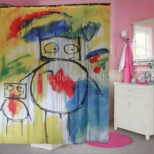 Cartoon Father&Son Graffiti Printed Shower Curtain Bathroom Waterproof