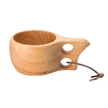 

1Pc 200ml Portable Wooden Rubber Wood Coffee Cup Tea Milk Water Drinking With Handle Two Hole Cowhide Rope Hook Mug