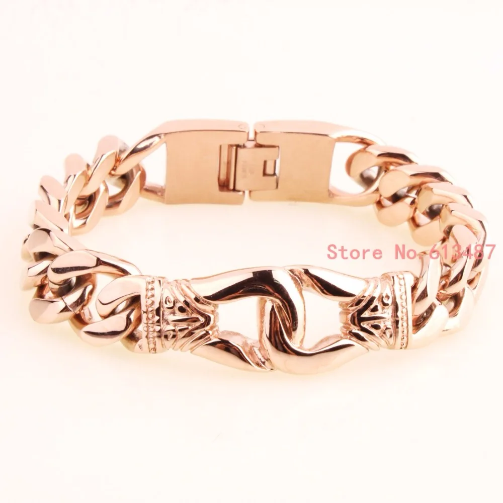 

15mm 8.5" Mens Chain Boys Bracelet Rose Gold Tone 316L Stainless Steel Bracelet Flat Curb Link Wholesale Jewelry
