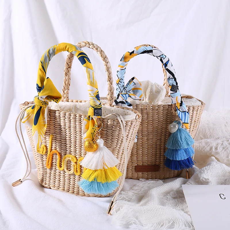 

RADISH DIY Customized name Colorful Pendant Straw Embroidery Cute Handmade tassels Summer Vacation Handbags Drawstring Baske