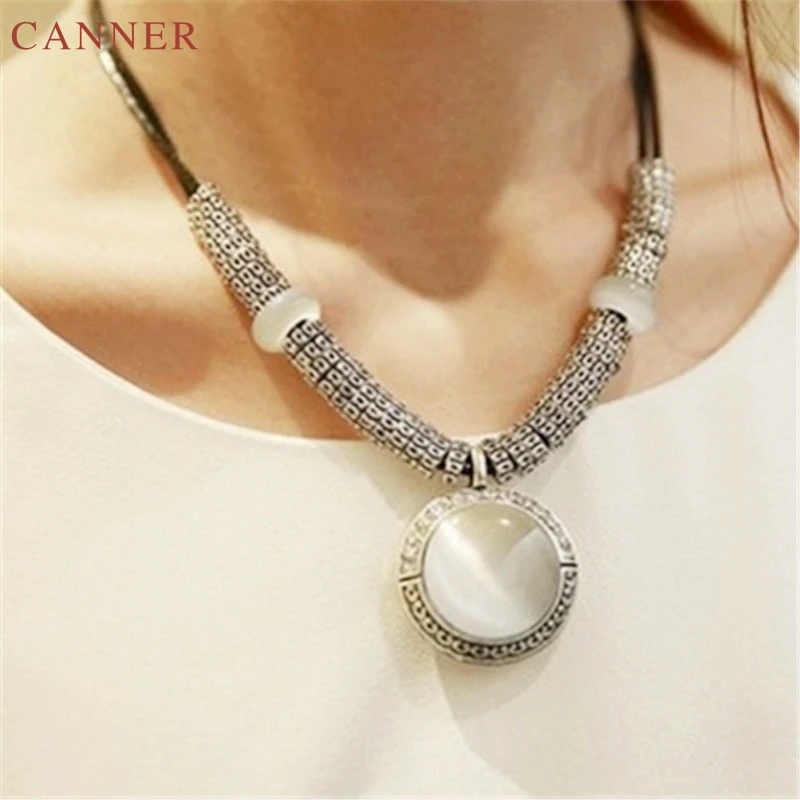 Vintage Round Opal Necklaces Pendants Black Leather Statement Necklace Women Maxi Collar Jewelry collier femme 2019 bijoux C40