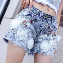 Лето, вышивка, сетка, 3D Цветы, жемчуг, бисер, джинсовые шорты для женщин, модные, уличные, с кисточками, рваные, джинсовые шорты W1724