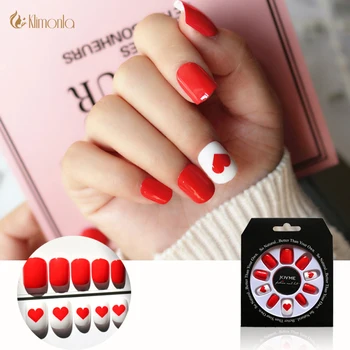 

24 Tips Red Heart False Nails Short Full Cover Fake Nails Adhesive Press on Nails Valentine's Day Designs Manicure Beauty Tools